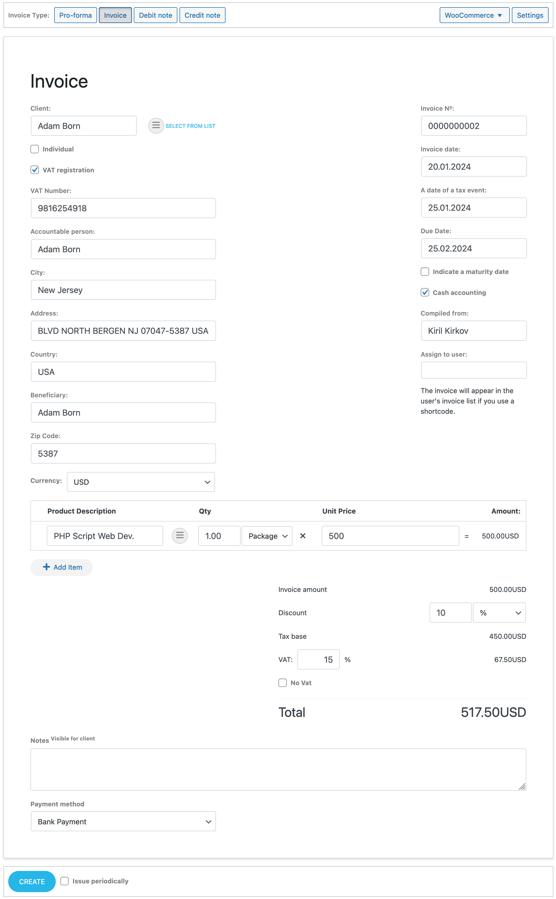 Create Invoice Page