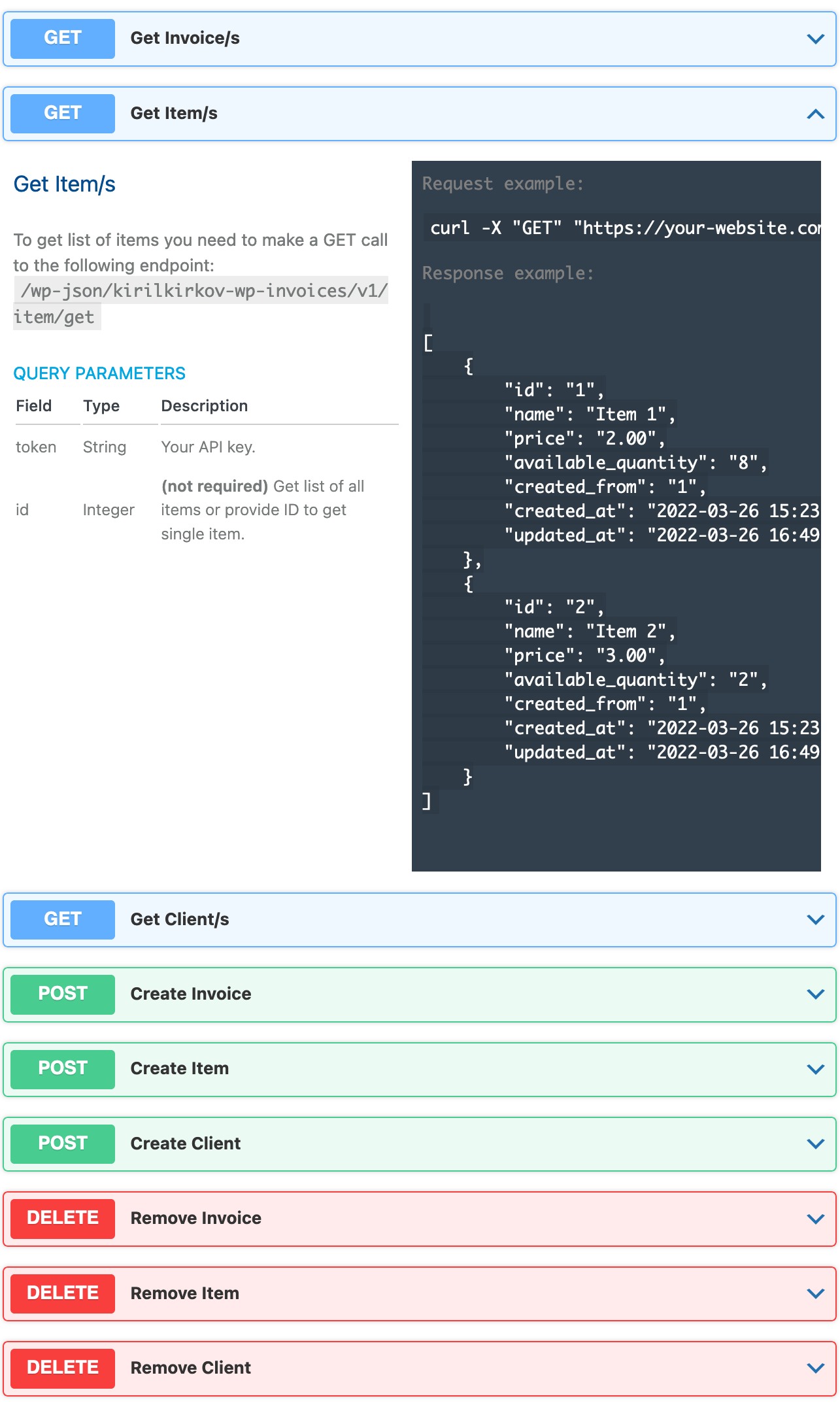 WordPress Invoices REST Api Integration